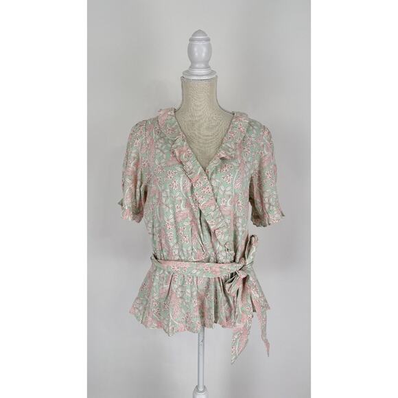 LC Lauren Conrad Womens Peacock Floral Wrap Blouse Short Sleeve XL Green NWT - Picture 1 of 13